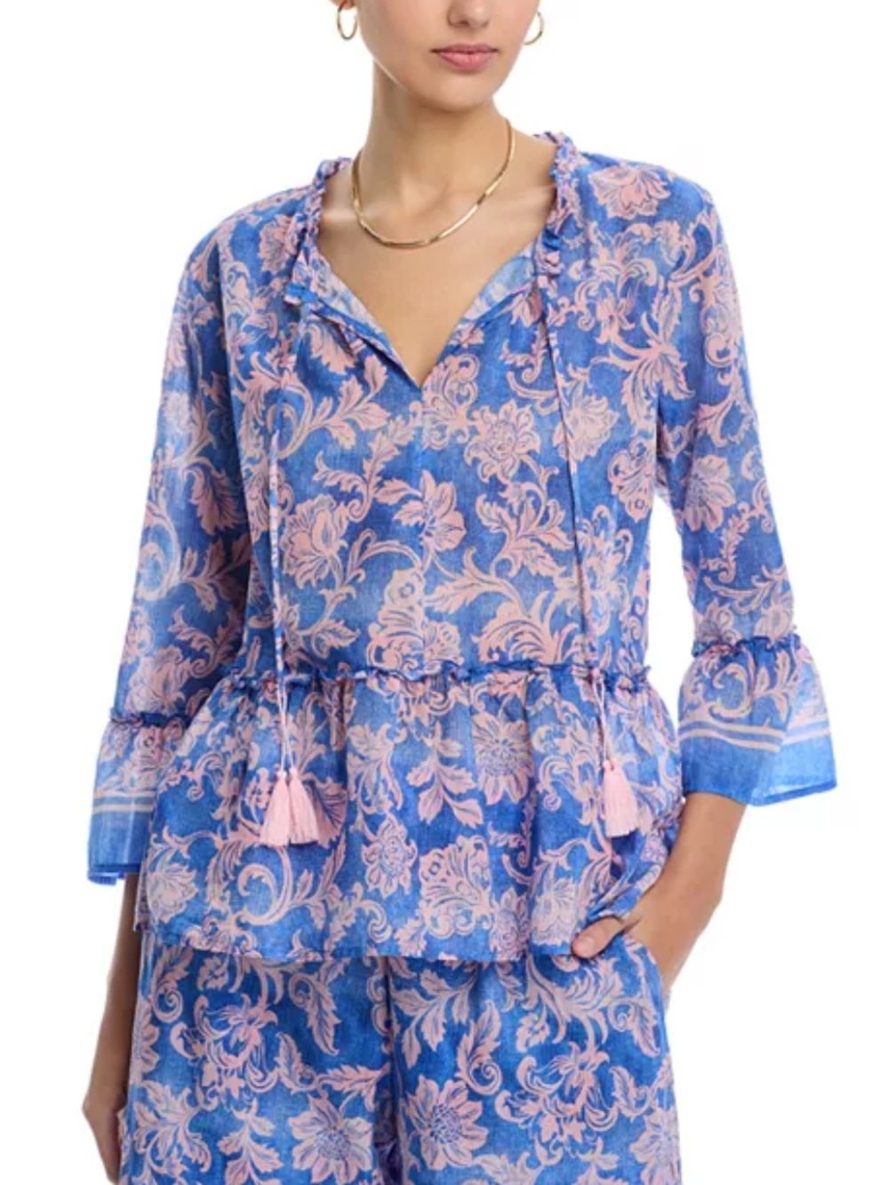 Johnny Was Blue and Pink Floral Tunic Blouse